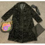 An Astraka London lady's black lambs wool coat, approx size 12-14; a needlework shoulder bag;