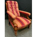 A Victorian mahogany gentleman's side chair, stripped buttoned back, turned spindles and legs, c.