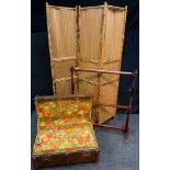 A three fold bamboo modesty screen; a tapestry frame; an early 20th century trunk (3)