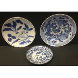 A Japanese circular blue and white plate, decorated with rat and vase of foliage, 29cm diam, Meiji