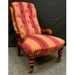 A Victorian mahogany lady's side chair, stripped buttoned back, turned spindles and legs, c.1890