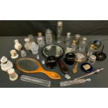 Dressing Case and Table jars, facetted, plated covers; others, various; ebonised dressing table