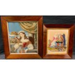 A Victorian woolwork, embroidered with a lady holding a lute, 38.5cm x 34cm, deep rosewood frame,