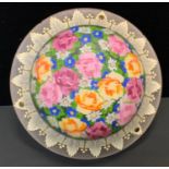 A George V painted floral plafonnier light shade, central floral painted opaick panel within