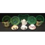 Wedgwood majolica green glazed leaf dishes; Sunderland lustre bute cups; Victorian relief moulded