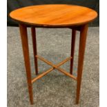 A small Danish Teak drop leaf side table, folding legs, 37cm diam, 45.5cm high, c.1960.