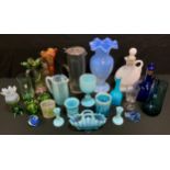 Glassware - Victorian blue moulded jug, posy basket; beaker; a Victorian fancy glass posy vase;