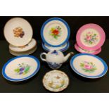 A late 19th century Continental dessert service, painted with stylised flowers, blue banded