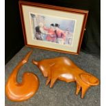 A Richard Swales carved wooden wall piece, stylized Dolphin, 58cm x 30cm; another Bisson, 37cm x