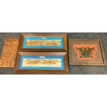 A pair of Chinese cork pictures, 11cm x 52cm; a Chinese door handle, framed; carved hardwood