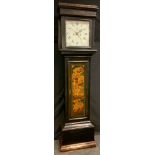 A 19th century chinoserie longcase clock, the 29.5cm diam with Roman and Arabic numerals,