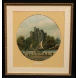 An early 20th century lithographic print, Glengarry Castle, Scotland, circular mount, 36cm x 34cm