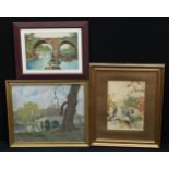 Pictures and Prints - Thomas Ladell, Figure on a Bridge, signed, oil, 41cm x 49cm; others, Bridge