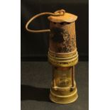 Coal Mining - a 19th/early 20th century steel and brass miner's lamp, partial maker's label, Leeds?,