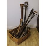 Tools - axes, garden spades and forks, hammers, crowbars, large clamp; qty