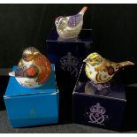 A Royal Crown Derby paperweight, House Sparrow, printed mark, gold stopper; others, Robin, Yellow