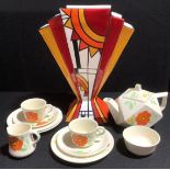 A Staffordshire Brian Wood Art Deco style geometric vase, painted in bright enamels in shades of