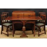 An oak drop-leaf dining table, 75cm high, 35cm opening to 152.5cm long; a set of four dining chairs,