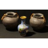 A pair of amphora shaped crackle glass Roman style vases, 21cm; a miniature cloisonne glass bottle