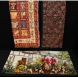 Textiles - an Aztec inspired woven woollen rug; a rug, An English Village, with huntsmen; an