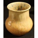 A Ruskin matt crystalline baluster vase, in mottled orange, yellow and tan, 13.5cm high, impressed