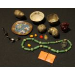 Boxes and Objects - a Chinese jade necklace; a Chinese enamel miniature bowl; a cloisonne dish; etc