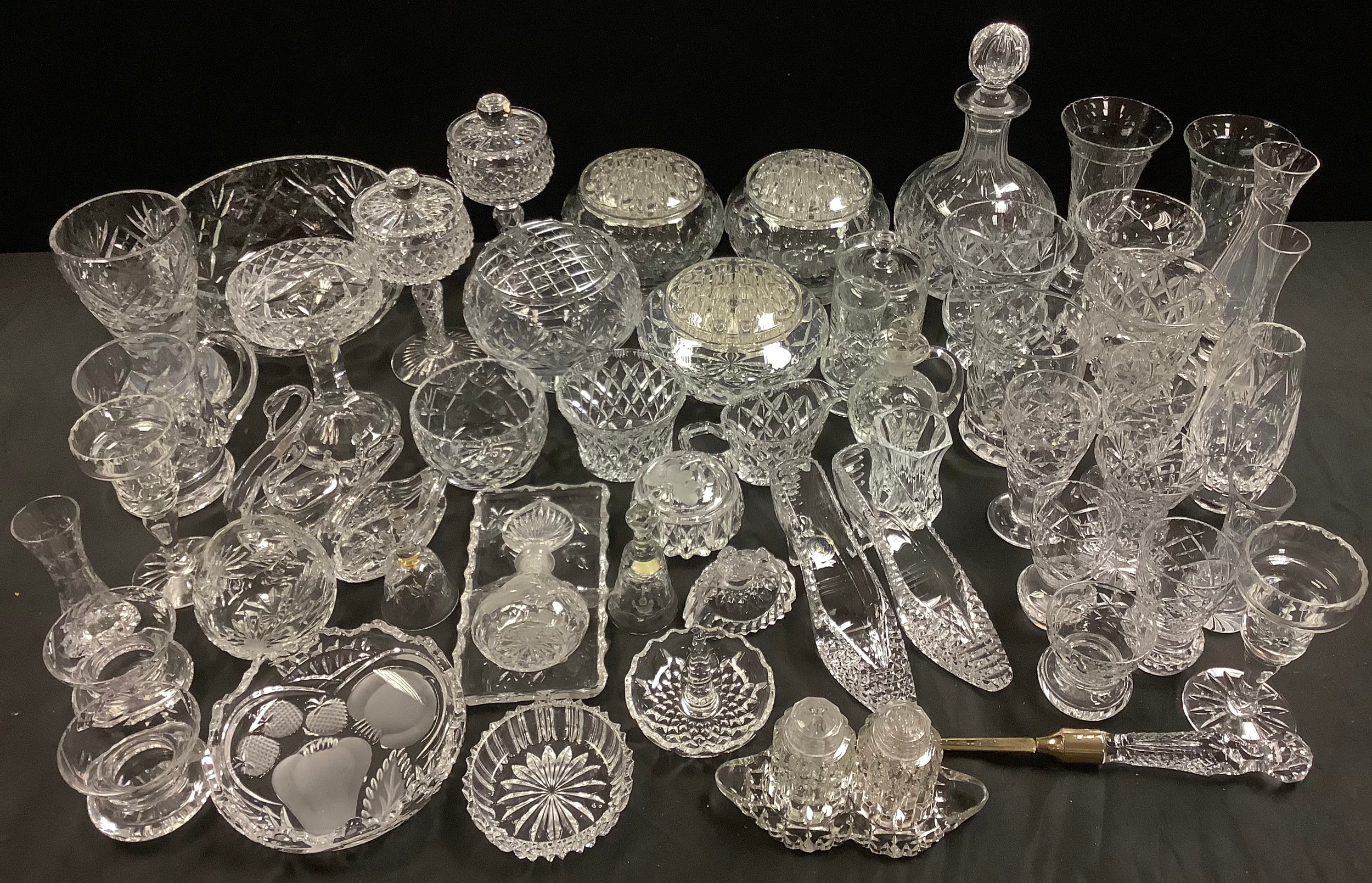 Glassware - cut glass rose bowls, vases, decanter, glasses, trinkets, etc