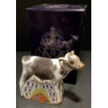 A Royal Crown Derby paperweight, Calf, printed mark gold stopper, boxed