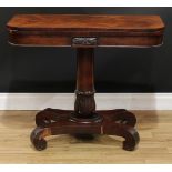 A William IV rosewood card table, hinged top enclosing a baize lined playing surface, lotus