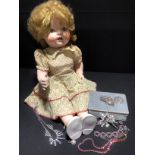 A Pedigree Walkie Talkie doll, c.1950; fashion jewellery, filigree brooches, silver earings, etc