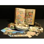Stamps - good schoolboy album with loose in tin, two bags coins including QV pennies, some silver
