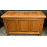 A mid 20th century, three panel, oak blanket chest of small proportions, 87.5cm wide x 40cm depth,