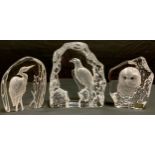 Mat Jonasson, art glass, reverse carved with an Eagle, signed to base, 17cm tall; others, Owlet,