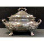 A Victorian silver plated oval soup tureen and cover, shaped handles, cast feet, c.1880
