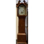 Wirksworth oak longcase clock, arched painted enamel dial, Roman numerals, 214cm high overall