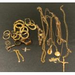 A 9ct gold cross pedant necklace, a citrine 9ct gold pendant; others chairs, earring, wedding band