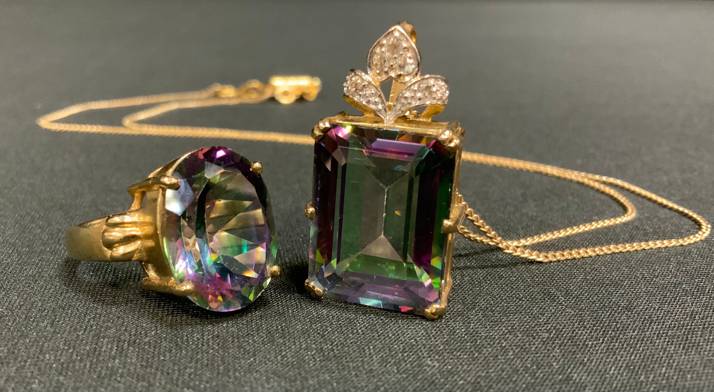 A mystic topaz and white sapphire pendant necklace, 9ct gold mount and chain, 12g gross; a similar