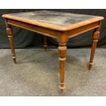 A Victorian rounded rectangular mahogany writing desk, turned fluted legs, 72cm high, 104cm wide.