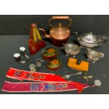 A Wittner Maelzel Metronome; copper kettle, roller ruler, a three piece silver plated tea set etc.