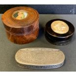 A 19th century turned wood cylindrical table snuff box, the cover set with circular cartouche of a