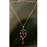 An Edwardian style Gems Tv amethyst heart pendant necklace, 9ct gold mount and curb link chain, 6.3g