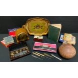 A carved tribal gord; Art Deco Temco mantel clock, Hohner Harmonica ; playing cards etc.