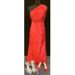 A bridesmaid's dress in red satin, by Styleshake.com, with accessories; a pair of red Carvela Kust