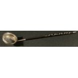 A George III silver toddy ladle, twisted whalebone handle, 34cm long, apparently unmarked, c.1780