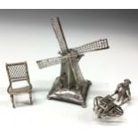 A Dutch silver toy novelty miniature windmill, 11.5cm high, import mark for Sheffield 1907; another,