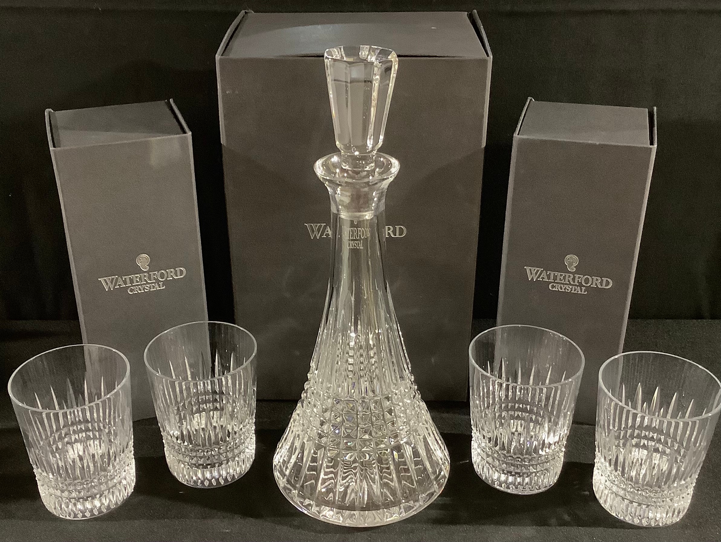 A Waterford Lismore Diamond pattern decanter and stopper, 156504, boxed; two pairs of Waterford