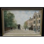 Tom Bower 1982 Street Scene, with omnibus, Hagley Road, Five Ways, Birmingham signed, oil on canvas,
