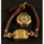 A lady's 9ct gold Art Deco style wristwatch, marked 375, red leather strap; another 9ct gold