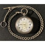 A Thomas Russell, Liverpool, 925 silver pocket watch on Albert chain