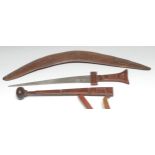 An African dagger, 31cm curved blade, tooled leather hilt and scabbard, 47.5cm long; an Australian